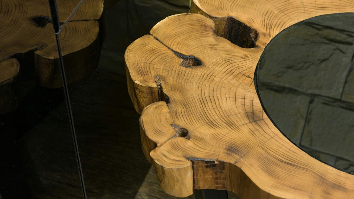 Close-up of a natural wood slab table with visible tree rings and knots