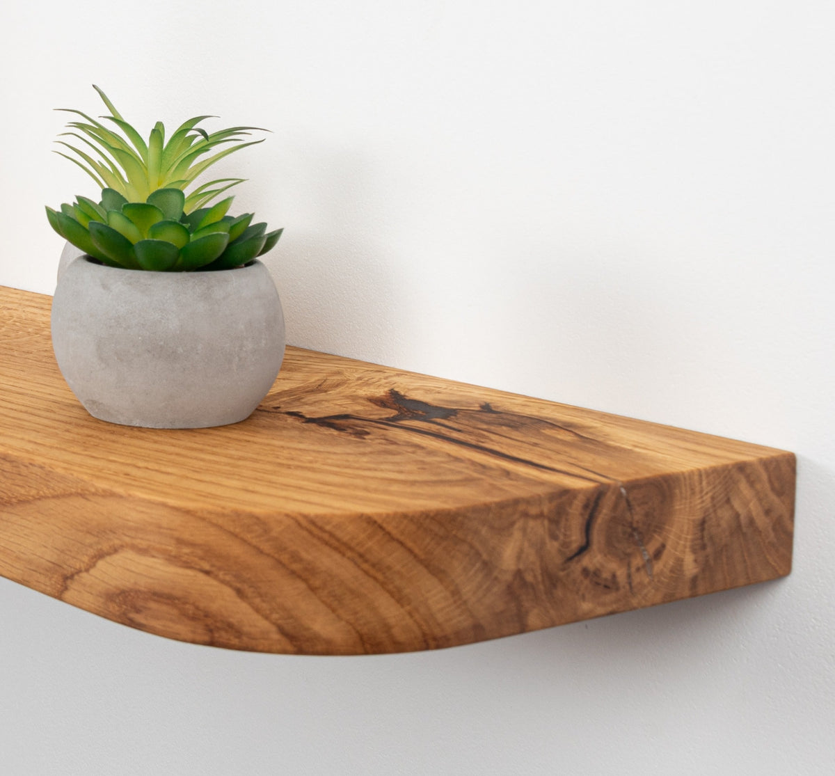 Wooden shelf with a potted plant on a white background