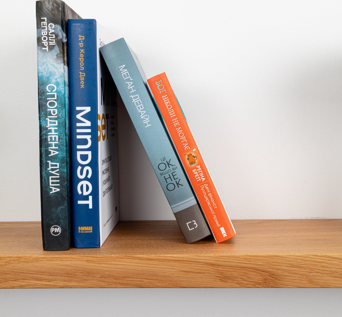 Books on a wooden shelf with a white background