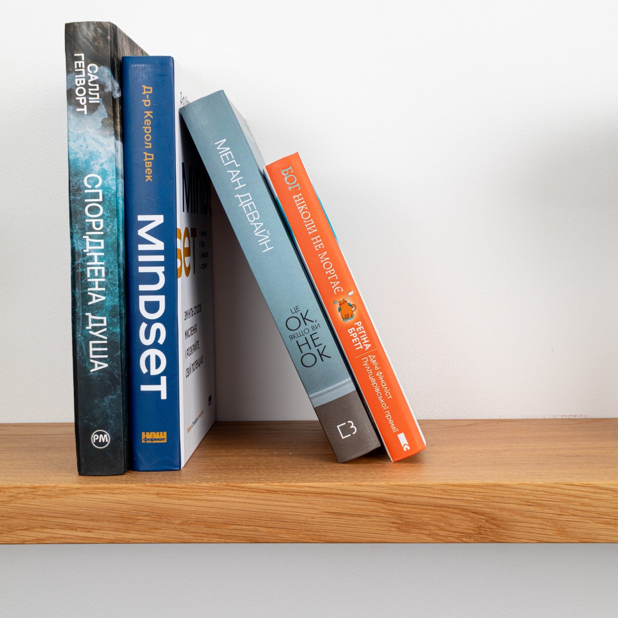 Books on a wooden shelf with a white background