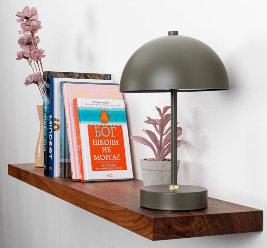 Wooden shelf with books and a lamp against a white wall