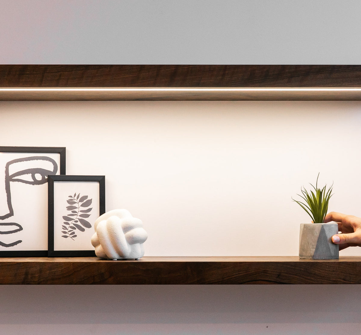 Wooden shelf with decorative items including a plant, sculpture, and framed art on a white wall.