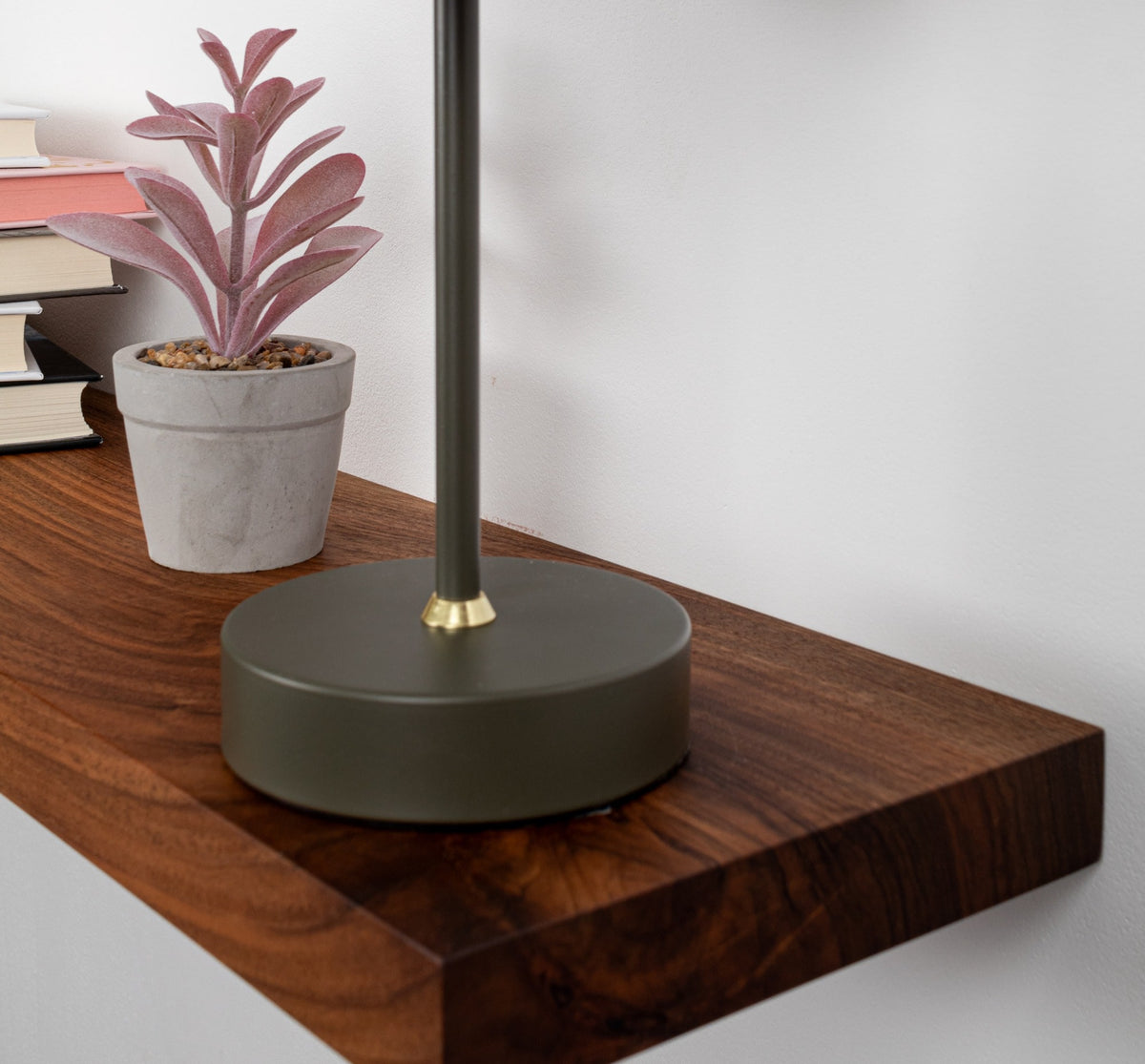 Decorative lamp with a plant and books on a wooden surface