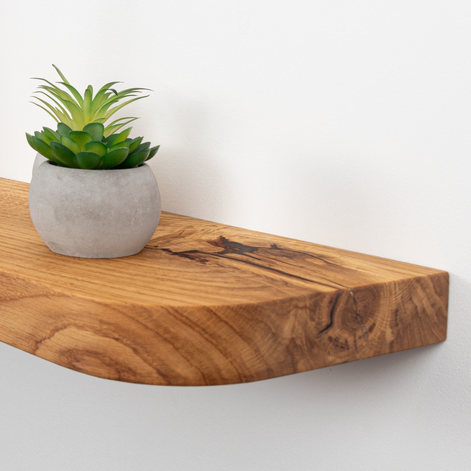 Wooden shelf with a potted plant on a white background