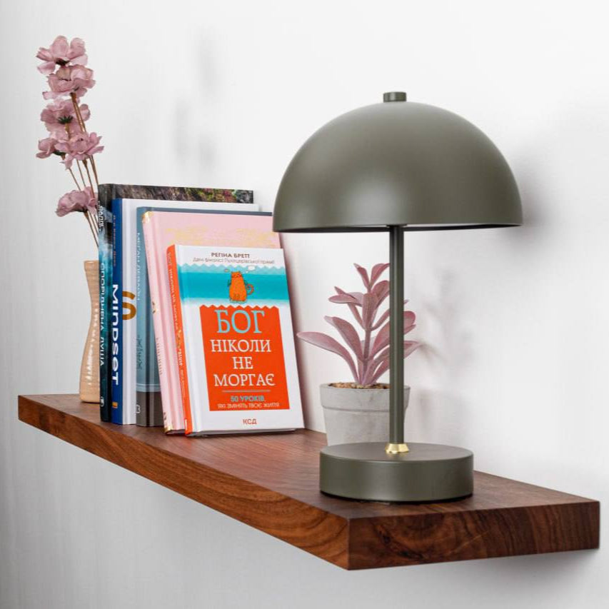 Wooden shelf with books and a lamp against a white wall