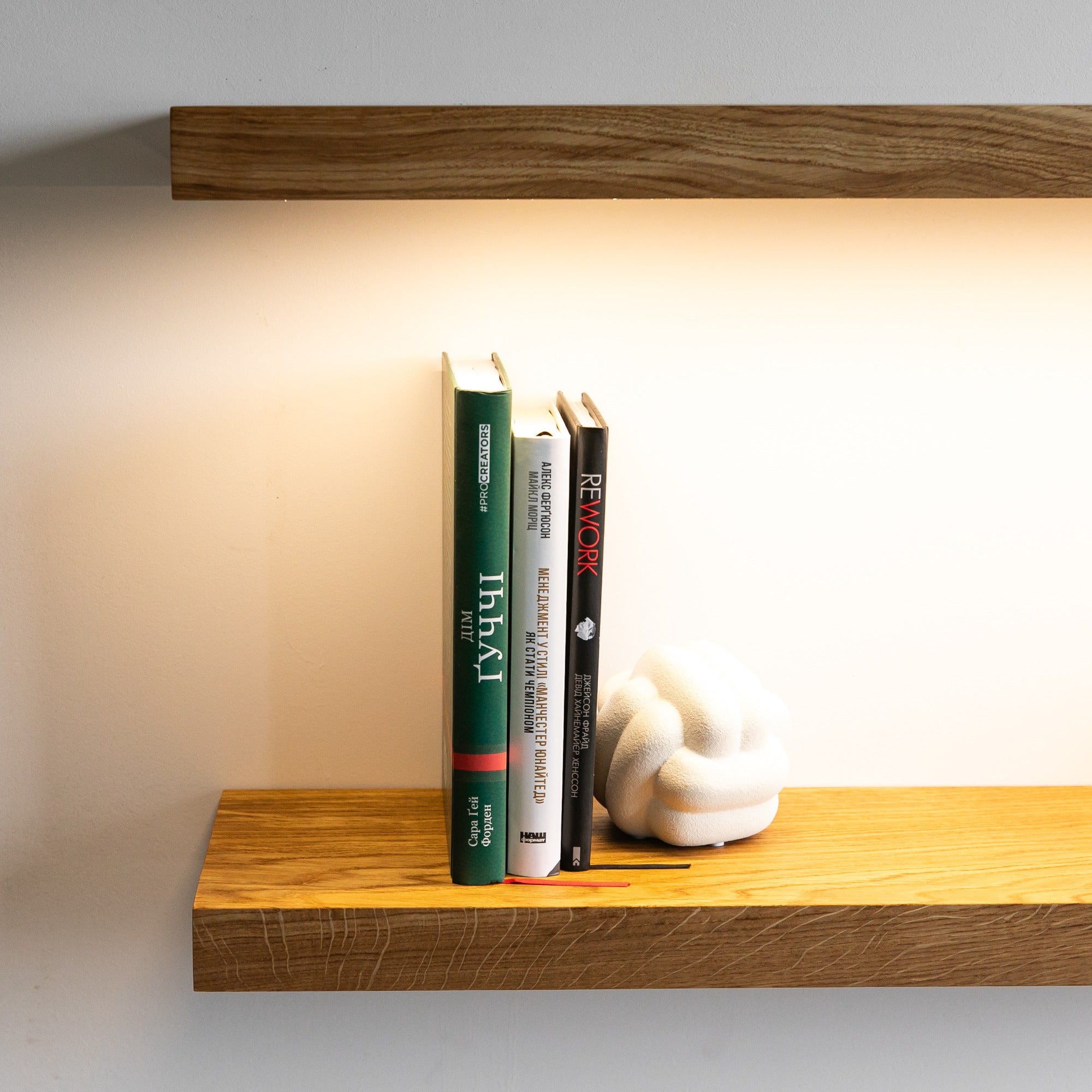 Wooden shelf with books and a decorative object against a plain background